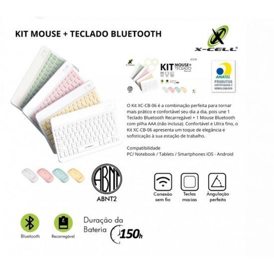 KIT TECLADO+MOUSE BLUETOOTH BRANCO COMPATIVEL PC/NOTEBOOK / TABLETS / SMARTPHONE iOS - ANDROID